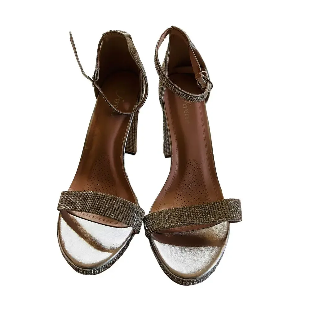 Forever Josina Rhinestones Block Heel Sandals Size 10 Silver - Picture 4 of 11